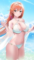 Rule 34 | 1girl, absurdres, ahoge, arisugawa natsuha, bare shoulders, bikini, breasts, brown eyes, cleavage, criss-cross halter, day, earrings, groin, halterneck, highres, idolmaster, idolmaster shiny colors, jewelry, large breasts, long hair, looking at viewer, multi-strapped bikini, navel, o-ring, o-ring bikini, off shoulder, orange hair, outdoors, see-through, smile, solo, standing, stomach, swimsuit, swimsuit cover-up, thighs, tio (005), wading, water, wet, white bikini