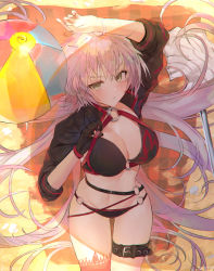 Rule 34 | 1girl, absurdres, ahoge, arm up, ball, beach, beach towel, beachball, bikini, black bikini, black gloves, blush, breasts, buckle, check commentary, cleavage, closed mouth, commentary request, day, fate/grand order, fate (series), gloves, hand on own chest, highres, jeanne d&#039;arc alter (swimsuit berserker) (fate), jeanne d&#039;arc (fate), jeanne d&#039;arc alter (fate), jeanne d&#039;arc alter (swimsuit berserker) (fate), large breasts, leyu, long hair, long sleeves, looking at viewer, lying, mixed-language commentary, navel, o-ring, o-ring bikini, on back, outdoors, pink thighhighs, sand, shrug (clothing), signature, silver hair, single glove, single thighhigh, solo, stomach, sunlight, swimsuit, thigh gap, thigh strap, thighhighs, towel, v-shaped eyebrows, very long hair, yellow eyes