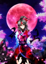 Rule 34 | 1girl, absurdres, adapted costume, arms at sides, black dress, black hair, blush, bow, breasts, cherry blossoms, cowboy shot, dress, full moon, hair ribbon, head tilt, highres, horns, japanese clothes, kimono, konngara (touhou), layered clothes, long sleeves, looking at viewer, moon, night, night sky, obi, parted lips, pointy ears, ponytail, red eyes, red moon, ribbon, sash, shirt, short dress, short hair, single horn, sky, sleeveless, sleeveless kimono, solo, space, thighs, tk31, touhou, touhou (pc-98), tree, white shirt, wide sleeves, wind