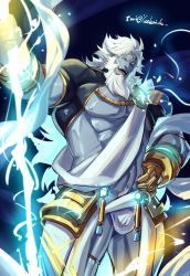 Rule 34 | 1boy, abs, ancient greek clothes, bara, bare pectorals, beard, bulge, facial hair, fate/grand order, fate (series), feet out of frame, greco-roman clothes, grin, highres, large pectorals, lightning, long hair, looking at viewer, male focus, mature male, muscular, muscular male, nipples, old, old man, pectorals, sash, shrug (clothing), smile, solo, stomach, thick thighs, thighs, very long hair, yaekaidou, zeus (fate)