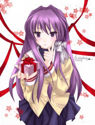 Rule 34 | 00s, 1girl, absurdres, clannad, fujibayashi kyou, gift, hair ribbon, highres, holding, holding gift, lilithbloody, long hair, purple eyes, purple hair, ribbon, school uniform, signature, simple background, solo
