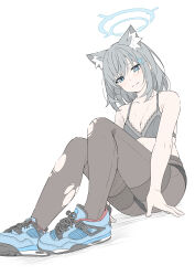 Rule 34 | 1girl, absurdres, air jordan, air jordan 4, alternate costume, animal ear fluff, animal ears, black bra, blue archive, blue eyes, blue footwear, blue halo, blush, bra, breasts, brown pantyhose, cleavage, collarbone, commentary, cross hair ornament, grey hair, hair ornament, halo, highres, light smile, looking at viewer, masabodo, md5 mismatch, medium breasts, pantyhose, resolution mismatch, shiroko (blue archive), shoes, simple background, sitting, smile, sneakers, solo, source larger, symbol-only commentary, torn clothes, torn pantyhose, travis scott, underwear, white background, wolf ears