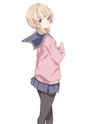 Rule 34 | 1girl, akiha (attract), bad id, bad twitter id, black pantyhose, blonde hair, blue eyes, from side, looking at viewer, looking back, low twintails, original, pantyhose, pleated skirt, school uniform, simple background, skirt, solo, sweater, twintails, white background