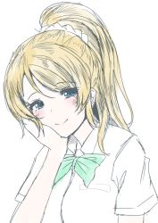 Rule 34 | 1girl, ayase eli, blonde hair, blue eyes, blush, bow, bowtie, head rest, dress shirt, frapowa, green bow, high ponytail, love live!, love live! school idol project, shirt, sketch, smile, solo, upper body, white background