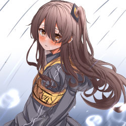 Rule 34 | 404 logo (girls&#039; frontline), absurdres, armband, black jacket, blush, commentary request, dripping, eyebrows, from side, girls&#039; frontline, grey hair, grey sky, hair ornament, head tilt, highres, hood, hood down, hooded jacket, jacket, long hair, looking at viewer, nanahosi45, outdoors, parted lips, ponytail, rain, scar, scar across eye, scar on face, side ponytail, sidelocks, sky, ump45 (girls&#039; frontline), water drop, wet, yellow eyes