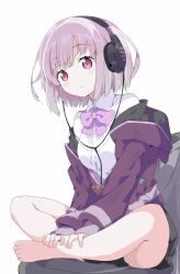 Rule 34 | 10s, 1girl, bare legs, barefoot, black skirt, blush, bow, breasts, closed mouth, collared shirt, commentary request, dress shirt, feet on chair, gridman universe, head tilt, headphones, highres, hood, hood down, hooded jacket, jacket, long sleeves, looking at viewer, off shoulder, pink bow, pink hair, pleated skirt, purple jacket, red eyes, shinjou akane, shirt, simple background, sitting, skirt, sleeves past wrists, small breasts, solo, ssss.gridman, tantan men (dragon), white background, white shirt