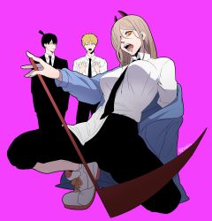 Rule 34 | 1girl, 2boys, absurdres, black hair, black jacket, black necktie, black pants, black suit, blonde hair, blue jacket, breasts, brown hair, chainsaw man, collared shirt, cross-shaped pupils, demon horns, denji (chainsaw man), formal, full body, hair between eyes, hair over one eye, hands on own chest, hayakawa aki, highres, holding, holding scythe, horns, igusaharu, jacket, jacket partially removed, long hair, long sleeves, looking at another, looking at viewer, lower teeth only, medium breasts, multiple boys, necktie, open mouth, orange eyes, pants, power (chainsaw man), purple background, red horns, ringed eyes, scythe, sharp teeth, shirt, shirt partially tucked in, shoes, short hair, short ponytail, sneakers, suit, suit jacket, symbol-shaped pupils, teeth, twitter username, upper teeth only, white footwear, white shirt