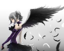 Rule 34 | 10s, 1girl, asymmetrical wings, bare shoulders, black wings, detached collar, dress, drill hair, elbow gloves, feathered wings, feathers, gem, gloves, gown, gradient background, grey background, idolmaster, idolmaster cinderella girls, kanzaki ranko, lipstick, long sleeves, looking down, makeup, profile, purple dress, purple lips, red eyes, revision, silver hair, smile, solo, sugi 214, twin drills, twintails, upper body, white background, wings