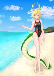 Rule 34 | 1girl, antlers, blonde hair, covered navel, dragon girl, dragon horns, dragon tail, highleg, highleg swimsuit, highres, horns, kicchou yachie, looking at viewer, mikotouca, one-piece swimsuit, red eyes, short hair, swimsuit, tail, touhou, two-tone swimsuit, yellow horns