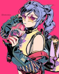 Rule 34 | 1girl, backpack, bag, braid, character doll, clonion, cup, disposable cup, drinking straw, drinking straw in mouth, ear piercing, earrings, genshin impact, highres, jacket, jewelry, keqing (genshin impact), looking at viewer, nail polish, open clothes, open jacket, piercing, pink nails, ponytail, purple eyes, purple hair, shirt, shorts, single braid, sleeveless, sleeveless shirt, solo, starbucks, zhongli (genshin impact)