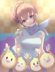 &gt;_&lt; 1girl :d audience blue_dress blue_eyes blue_scarf blurry blurry_background brown_hair commentary crying dress gloves hands_up head_tilt highres holding holding_microphone idol_(rhythm_tengoku) imomushi_(pixiv_13874680) light_particles looking_at_viewer microphone monkey_(rhythm_tengoku) open_mouth rhythm_tengoku scarf short_ponytail sleeveless smile sparkling_eyes stage xd