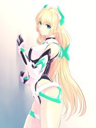 Rule 34 | 1girl, absurdres, angela balzac, aqua eyes, black gloves, blonde hair, breasts, deva battle suit, elbow gloves, gloves, gradient background, hand on wall, highres, ishiyumi, large breasts, leotard, long hair, looking at viewer, rakuen tsuihou, science fiction, skin tight, smile, solo, twintails, very long hair