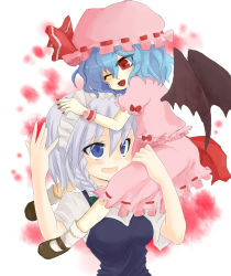 Rule 34 | 2girls, :d, ;d, bad id, bad pixiv id, bat wings, blue hair, braid, female focus, height difference, highres, izayoi sakuya, maid headdress, multiple girls, niji (nijioki), one eye closed, open mouth, puffy short sleeves, puffy sleeves, red eyes, remilia scarlet, short hair, short sleeves, silver hair, single braid, smile, touhou, white background, wings