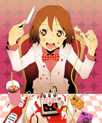 Rule 34 | + +, 00s, 1girl, bad id, bad pixiv id, bow, bowtie, brown eyes, brown hair, cable, drink, english text, engrish text, fork, formal, hair ornament, hairclip, heinz, hirasawa yui, k-on!, ketchup, knife, plectrum, product placement, ranguage, solo, star (symbol), suit, symbol-shaped pupils, tamaoki benkyou, traditional bowtie