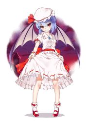 Rule 34 | 1girl, bat wings, blue hair, blush, full body, hat, hat ribbon, highres, looking at viewer, mary janes, megalateo, mob cap, puffy sleeves, red eyes, remilia scarlet, ribbon, sash, shirt, shoes, short hair, short sleeves, skirt, skirt hold, skirt set, smile, socks, solo, touhou, white socks, wings, wrist cuffs