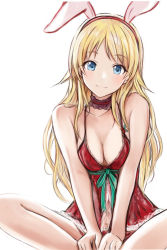 Rule 34 | 1girl, animal ears, bare shoulders, blonde hair, blue eyes, breasts squeezed together, breasts, camisole, choker, christmas, cleavage, closed mouth, collarbone, covered erect nipples, fake animal ears, frilled choker, frills, hachimiya meguru, hands on own legs, head tilt, headband, idolmaster, idolmaster shiny colors, indian style, lingerie, long hair, looking at viewer, medium breasts, nannacy7, navel, rabbit ears, simple background, sitting, smile, solo, underwear, v arms, white background