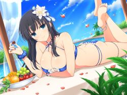 Rule 34 | 1girl, anklet, ass, bare shoulders, barefoot, bikini, black hair, blue bikini, blue eyes, blue nails, breasts, butt crack, chocolate, cleavage, day, falling petals, flower, food, fruit, fruit basket, grapes, hair flower, hair ornament, highres, hime cut, holding, holding chocolate, holding food, ikaruga (senran kagura), jewelry, large breasts, light blush, long hair, looking at viewer, lying, o-ring, o-ring bikini, official art, on stomach, orange (fruit), palm tree, petals, plant, polka dot, polka dot bikini, poolside, scrunchie, senran kagura, senran kagura new link, smile, strawberry, sunlight, swimsuit, thigh strap, tree, white flower, wrist scrunchie