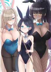 Rule 34 | 3girls, absurdres, alternate costume, animal ears, aqua bow, aqua bowtie, aqua leotard, aqua ribbon, aris (blue archive), arm tattoo, asuna (blue archive), asuna (bunny) (blue archive), black hair, black leotard, black pantyhose, blue archive, blush, bow, bowtie, breasts, cleavage, collarbone, detached collar, fake animal ears, fishnet pantyhose, fishnets, gloves, gradient hair, groin, hair over one eye, halo, highleg, highleg leotard, highres, holding, holding mop, karin (blue archive), karin (bunny) (blue archive), large breasts, leotard, light brown hair, looking at another, looking at viewer, mofu07519, mole, mole on breast, mop, multicolored hair, multiple girls, neck ribbon, number tattoo, official alternate costume, pantyhose, playboy bunny, ponytail, purple hair, rabbit ears, ribbon, simple background, small breasts, smile, straight hair, strapless, strapless leotard, tattoo, white background, white gloves