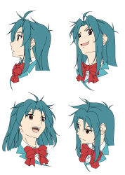 Rule 34 | 1girl, :d, absurdres, blue hair, bow, brown eyes, chidori kaname, closed mouth, commentary, expressions, full metal panic!, highres, jindai high school uniform, long hair, looking at viewer, low-tied long hair, maru sashi, multiple views, open mouth, school uniform, serafuku, smile, white background