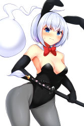 Rule 34 | 1girl, ahoge, alternate costume, animal ear hairband, animal ears, bare shoulders, black gloves, black hairband, blue eyes, blush, bow, bowtie, breasts, cleavage, commentary, cowboy shot, daichi (tokoya), detached collar, elbow gloves, fake animal ears, gloves, grey pantyhose, groin, hairband, highres, hitodama, holding, holding sword, holding weapon, katana, konpaku youmu, konpaku youmu (ghost), leotard, looking at viewer, pantyhose, playboy bunny, rabbit ear hairband, rabbit ears, red bow, red bowtie, scabbard, sheath, sheathed, short hair, silver hair, simple background, small breasts, solo, standing, strapless, strapless leotard, sweat, sword, thighs, touhou, v-shaped eyebrows, weapon, white background