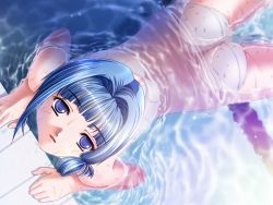 Rule 34 | 00s, 1girl, afloat, ass, blue eyes, blue hair, blush, censored, dutch angle, female focus, from above, game cg, highres, hiiro yuki, jitome, looking at viewer, looking up, matching hair/eyes, mosaic censoring, one-piece swimsuit, partially submerged, pool, ripples, school swimsuit, see-through, sena shiori, solo, swimsuit, water, wet, white school swimsuit, white one-piece swimsuit, yuuguu settai