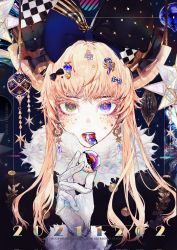 Rule 34 | 1girl, black bow, blonde hair, bow, facial mark, fur collar, gem, gloves, green eyes, hair bow, hand up, heterochromia, highres, holding, horns, long hair, looking at viewer, mouth hold, open mouth, original, pigeon666, pink pupils, purple eyes, solo, star (symbol), star facial mark, tagme, upper body, white gloves