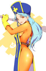 Rule 34 | 1girl, blue hair, bodysuit, breasts, commentary request, dragon quest, dragon quest iii, dress, gloves, hat, highres, ichizen (o tori), long hair, looking at viewer, mitre, orange bodysuit, orange eyes, priest (dq3), sideless outfit, simple background, slime (dragon quest), small breasts, solo, staff, white background