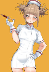 Rule 34 | 1girl, absurdres, bags under eyes, blonde hair, boku no hero academia, double bun, dress, gloves, hair bun, hand on own hip, hat, highres, holding, holding syringe, looking at viewer, messy hair, nurse, nurse cap, sidelocks, simple background, slit pupils, solo, standing, syringe, toga himiko, white dress, white gloves, yellow background, yellow eyes, zd (pixiv6210083)
