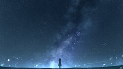 Rule 34 | 1girl, animal ears, cat ears, cat girl, cat tail, chinese commentary, commentary request, highres, light particles, night, night sky, original, outdoors, rune xiao, scenery, short hair, signature, sky, solo, standing, star (sky), starry sky, tail, wide shot