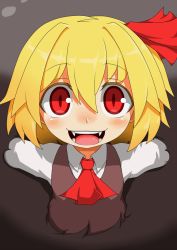 Rule 34 | 1girl, ascot, blonde hair, darkness, fangs, female focus, hair ribbon, hecchi (blanch), open mouth, red eyes, ribbon, rumia, short hair, solo, touhou