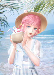 Rule 34 | 1girl, 3d, absurdres, beach, blue dress, bracelet, brown headwear, chinese commentary, coconut, commentary request, dress, earrings, food, green eyes, highres, holding, holding food, ice cream, jewelry, leaf, lips, lipstick, looking at viewer, makeup, mountainous horizon, nail polish, necklace, nikki (miracle nikki), nikki (series), ocean, official art, parted lips, pink hair, shining nikki, short hair, smile, solo, teeth, waves