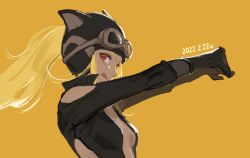 Rule 34 | 1girl, animal ears, blonde hair, breasts, cat ears, dark-skinned female, dark skin, goggles, goggles on head, gravity daze, hat, highres, kitten (gravity daze), long hair, looking at viewer, mossan351, ponytail, red eyes, simple background, skin tight, smile, solo, tongue, tongue out