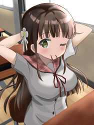 Rule 34 | 1girl, arms behind back, arms up, artist request, blouse, blunt bangs, blush, breasts, brown hair, buttons, classroom, closed mouth, day, desk, flower, gochuumon wa usagi desu ka?, green eyes, hair flower, hair ornament, hair ribbon, hair tie, hair tie in mouth, highres, hime cut, hoto cocoa&#039;s school uniform, indoors, large breasts, long hair, looking at viewer, mouth hold, neck ribbon, one eye closed, plaid, plaid sailor collar, red ribbon, red sailor collar, ribbon, sailor collar, school desk, school uniform, serafuku, shirt, short sleeves, sidelocks, sitting, smile, solo, ujimatsu chiya, white flower, white ribbon, white shirt, window, wooden floor