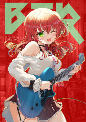 Rule 34 | 1girl, ;d, bare shoulders, black bow, black skirt, bocchi the rock!, bow, breasts, commentary request, electric guitar, frilled skirt, frills, guitar, highres, holding, holding instrument, instrument, kita ikuyo, long hair, long sleeves, looking at viewer, medium breasts, off-shoulder shirt, off shoulder, one eye closed, one side up, open mouth, pleated skirt, plectrum, puffy long sleeves, puffy sleeves, red background, red hair, shirt, skirt, smile, solo, text background, white shirt, xephonia