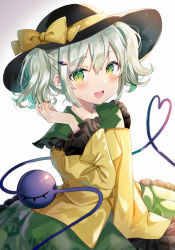 Rule 34 | 1girl, :d, alternate hairstyle, black hat, blush, bow, frilled shirt collar, frilled sleeves, frills, gradient background, green eyes, green hair, green skirt, grey background, hair between eyes, half updo, hat, hat bow, heart, heart of string, highres, komeiji koishi, long sleeves, looking at viewer, open mouth, satoupote, shirt, short hair, sidelocks, skirt, smile, solo, third eye, touhou, twintails, white background, yellow bow, yellow shirt