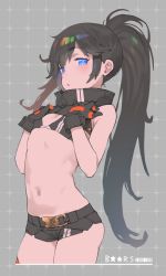 Rule 34 | 1girl, absurdres, bikini, bikini top only, black bikini, black gloves, black hair, black rock shooter, black rock shooter: dawn fall, black rock shooter (character), black shorts, blue eyes, blush, breasts, collagen, commentary request, copyright name, gloves, highres, long hair, looking at viewer, midriff, parted lips, ponytail, short shorts, shorts, sidelocks, simple background, small breasts, solo, swimsuit, very long hair