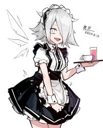 Rule 34 | 1girl, absurdres, cup, dated, detached wings, grey eyes, grey hair, hair over one eye, highres, holding, holding plate, maid, maid headdress, open mouth, original, plate, sangzhi, short hair, signature, simple background, solo, teacup, teeth, upper teeth only, white background, wings