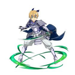 Rule 34 | 1boy, armor, black gloves, blonde hair, blue eyes, blue headband, breastplate, clenched teeth, eugeo, faulds, full body, gloves, headband, highres, holding, holding sword, holding weapon, katana, looking at viewer, male focus, non-web source, official art, pants, samurai, shoulder armor, solo, standing, sword, sword art online, teeth, transparent background, weapon, white pants