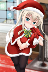 Rule 34 | 1girl, black pantyhose, blonde hair, blue eyes, blurry, blush, bow, capelet, christmas, commentary request, cowboy shot, depth of field, dress, fur-trimmed dress, fur-trimmed gloves, fur trim, fuuma nagi, gloves, graf zeppelin (kancolle), hair between eyes, hat, head tilt, kantai collection, leaning forward, looking at viewer, pantyhose, red dress, red gloves, sack, santa costume, santa hat, sidelocks, solo, striped, striped bow, tsurime, twintails, window