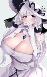 Rule 34 | 1girl, azur lane, bare shoulders, blue eyes, blush, breasts, cleavage, dress, elbow gloves, gloves, hat, highres, illustrious (azur lane), large breasts, long hair, looking at viewer, smile, solo, sun hat, tri tails, wee (weeyy), white dress, white gloves, white hair, white hat