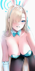 Rule 34 | 1girl, absurdres, animal ears, aqua bow, aqua bowtie, aqua leotard, asuna (blue archive), asuna (bunny) (blue archive), black pantyhose, blonde hair, blue archive, blue eyes, blush, bow, bowtie, breasts, cleavage, collarbone, detached collar, elbow gloves, fake animal ears, gloves, hair over one eye, halo, highres, large breasts, long hair, looking at viewer, mole, mole on breast, official alternate costume, one eye covered, pantyhose, rabbit ears, shunse, simple background, smile, solo, straight hair, very long hair, white background