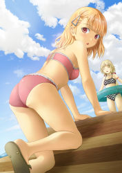 Rule 34 | 2girls, :d, arm support, ass, bikini, blonde hair, blue sky, breasts, checkered bikini, checkered clothes, closed eyes, cloud, collar, day, frilled bikini, frills, hair ornament, ibushigin, long hair, looking at viewer, looking back, mist (rune factory), multiple girls, open mouth, outdoors, pink bikini, red eyes, rosetta, rune factory, sandals, short hair, sky, small breasts, smile, solo focus, strapless, strapless bikini, swimsuit