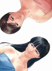 Rule 34 | 1990s (style), 2girls, arm at side, asymmetrical bangs, bare shoulders, black hair, blue eyes, blue towel, blunt bangs, brown eyes, brown hair, closed mouth, collarbone, eye contact, eyebrows hidden by hair, half-closed eyes, highres, kanuka clancy, kidou keisatsu patlabor, kumagami takeo, lips, long hair, looking at another, looking to the side, masami yuki, multiple girls, naked towel, neck, official art, red towel, retro artstyle, short hair, simple background, smile, straight hair, towel, towel over breasts, upper body, upside-down, white background