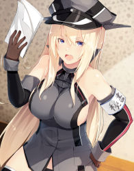 Rule 34 | 10s, 1girl, bad id, bad nicoseiga id, bare shoulders, bismarck (kancolle), black thighhighs, blonde hair, blue eyes, breasts, brown gloves, detached sleeves, gloves, hair between eyes, hat, holding, holding paper, kantai collection, large breasts, long hair, meth (emethmeth), military, military uniform, open mouth, paper, peaked cap, solo, thighhighs, uniform, very long hair
