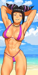 Rule 34 | 1girl, abs, armpits, arms behind head, arms up, beach, bikini, blue sky, blunt bangs, breasts, breasts apart, cessa, cloud, cloudy sky, cowboy shot, drill hair, han juri, horizon, jewelry, large breasts, looking at viewer, necklace, outdoors, parted lips, pink bikini, purple eyes, sidelocks, sky, smile, solo, street fighter, street fighter iv (series), street fighter v, swimsuit, twin drills, water