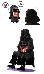 Rule 34 | 02 (417soft), 2boys, armor, blush, book, boots, cape, chibi, cyborg, darth vader, gloves, grandfather and grandson, heart, helmet, highres, hood, kylo ren, mask, multiple boys, open book, reading, science fiction, sitting, sitting on lap, sitting on person, spoilers, spoken heart, star wars, star wars: the force awakens, time paradox, aged down