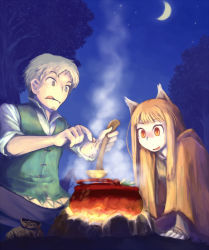 Rule 34 | 00s, 1boy, 1girl, animal ears, brown hair, campfire, cloak, cooking, craft lawrence, holo, horse, ladle, long hair, moon, night, pot, red eyes, sitting, spice and wolf, star (symbol), tanigawa hiroshi, tree, vest, wolf ears