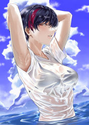 Rule 34 | 1girl, arms behind head, bikini, black bikini, black hair, blue sky, blush, breasts, cleavage, cloud, day, looking at viewer, ocean, original, outdoors, parted lips, partially submerged, red hair, see-through, short hair, sky, solo, swimsuit, tsukumo nikyu, two side up, wet, wet clothes