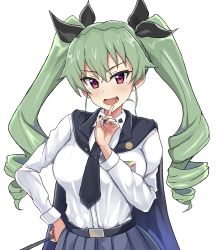 Rule 34 | 1girl, anchovy (girls und panzer), anzio (emblem), anzio school uniform, belt, cape, drill hair, emblem, fang, girls und panzer, green hair, hair ribbon, highres, long hair, long sleeves, mordeth, necktie, open mouth, red eyes, ribbon, school uniform, simple background, skirt, smile, solo, twin drills, twintails, white background