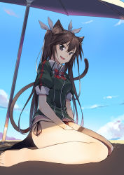 Rule 34 | 10s, 1girl, :d, absurdres, animal ears, barefoot, beach, black panties, black thighhighs, bow, bowtie, brown hair, cat ears, cat tail, cloud, day, eyebrows, fang, from below, grey eyes, hair ribbon, hand on lap, highres, kantai collection, kemonomimi mode, kneeling, long hair, looking at viewer, moe monokatari, open mouth, panties, puffy short sleeves, puffy sleeves, ribbon, shadow, short sleeves, side-tie panties, single thighhigh, sitting, smile, solo, tail, thighhighs, tone (kancolle), twintails, umbrella, underwear, wariza